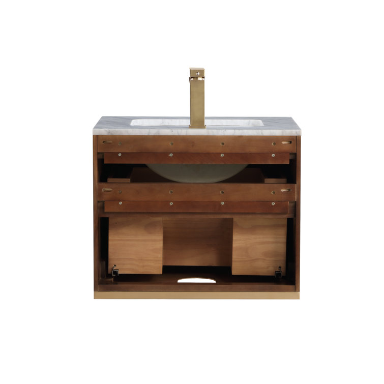 Terra 24'' Walnut Single Sink Vanity with Carrara Marble Top and Brass Accents