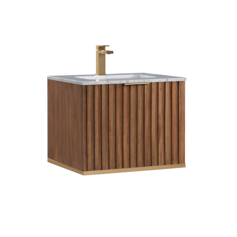 Terra 24'' Walnut Single Sink Vanity with Carrara Marble Top and Brass Accents