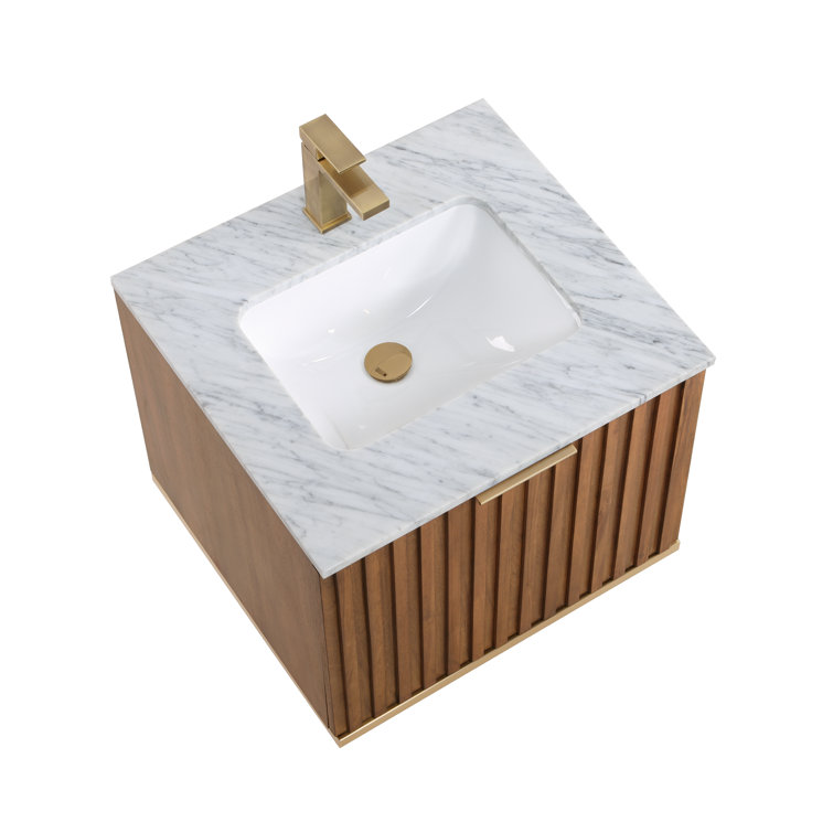 Terra 24'' Walnut Single Sink Vanity with Carrara Marble Top and Brass Accents