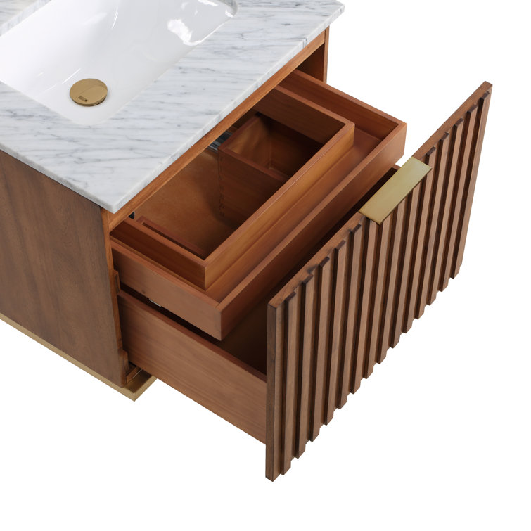 Terra 24'' Walnut Single Sink Vanity with Carrara Marble Top and Brass Accents