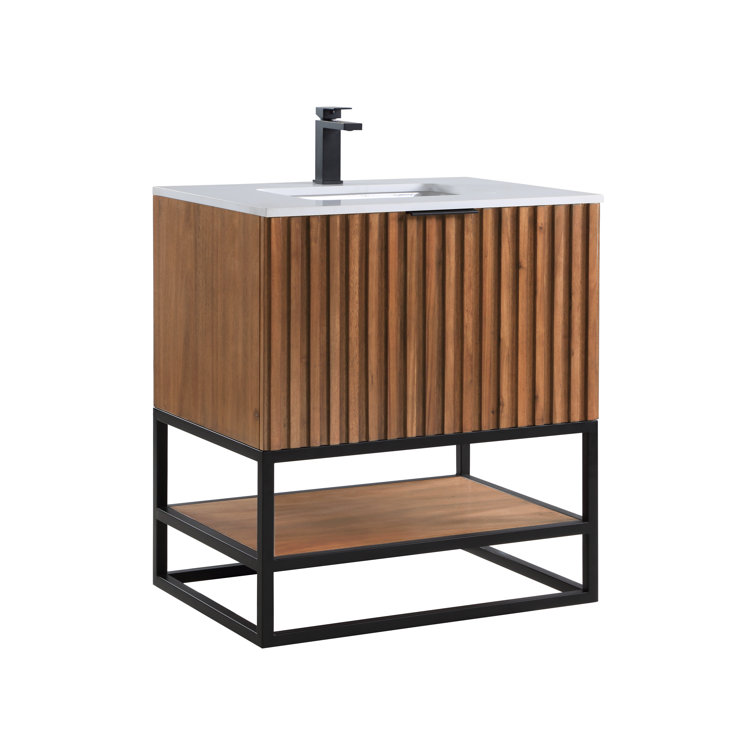 Walnut and White Quartz Single Bathroom Vanity with Matte Black Hardware