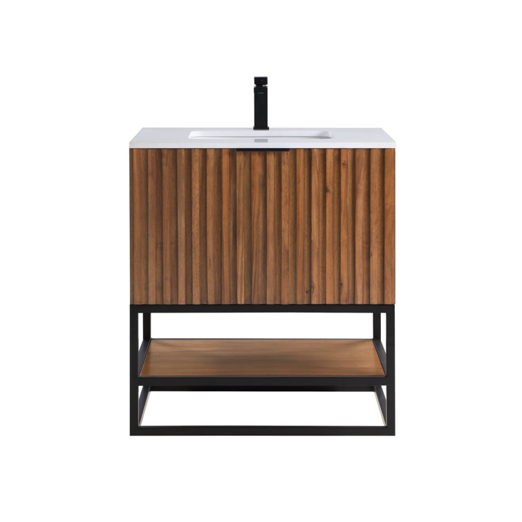 Walnut and White Quartz Single Bathroom Vanity with Matte Black Hardware