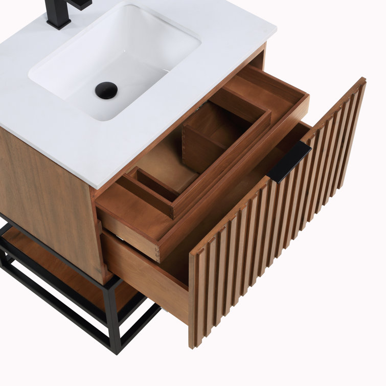 Walnut and White Quartz Single Bathroom Vanity with Matte Black Hardware