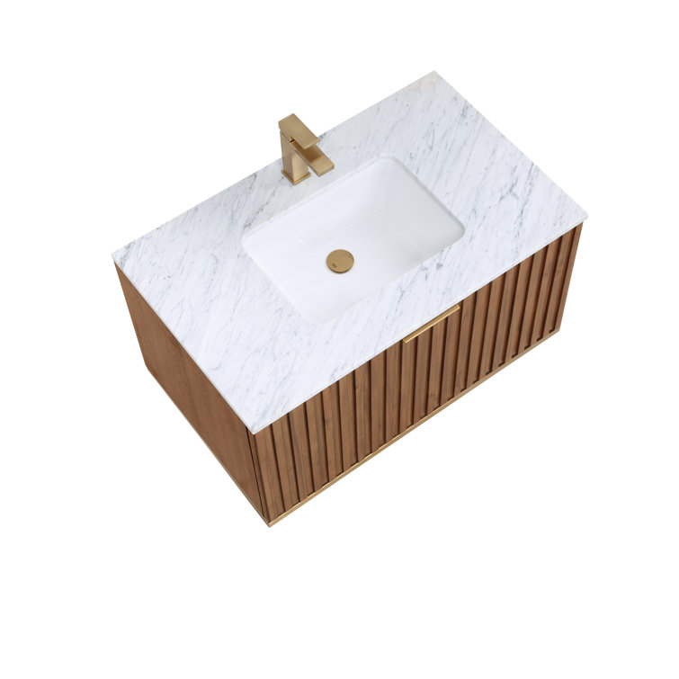 Terra 36" Walnut Wall-Mounted Single Sink Vanity with Marble Top