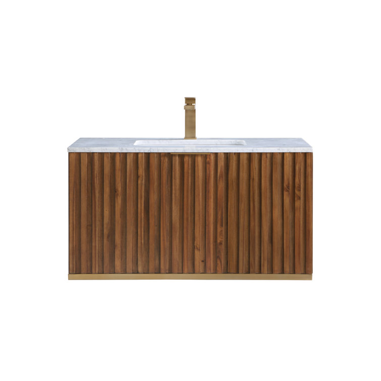 Terra 36" Walnut Wall-Mounted Single Sink Vanity with Marble Top