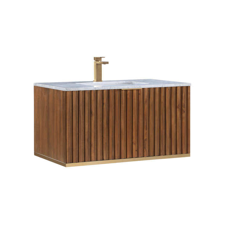 Terra 36" Walnut Wall-Mounted Single Sink Vanity with Marble Top