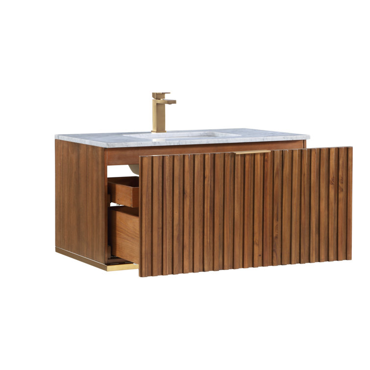 Terra 36" Walnut Wall-Mounted Single Sink Vanity with Marble Top