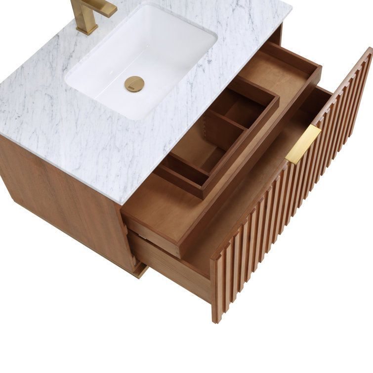Terra 36" Walnut Wall-Mounted Single Sink Vanity with Marble Top