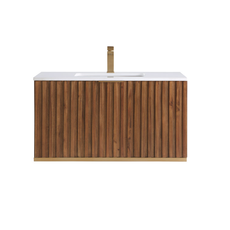 Terra 36" Walnut Wall-Mounted Single Sink Vanity with Marble Top