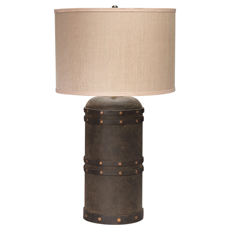 Vintage Leather Barrel Table Lamp with Elephant Hemp Shade