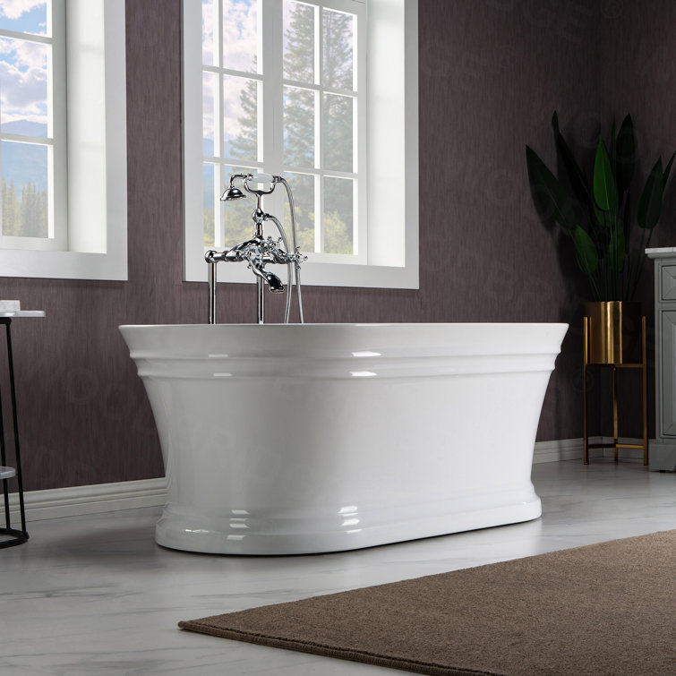 54" White Acrylic Freestanding Slipper Soaking Tub with Matte Black Trim