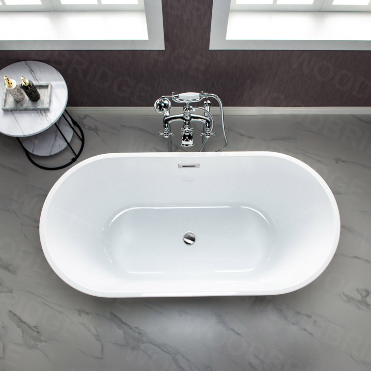 54" White Acrylic Freestanding Slipper Soaking Tub with Matte Black Trim