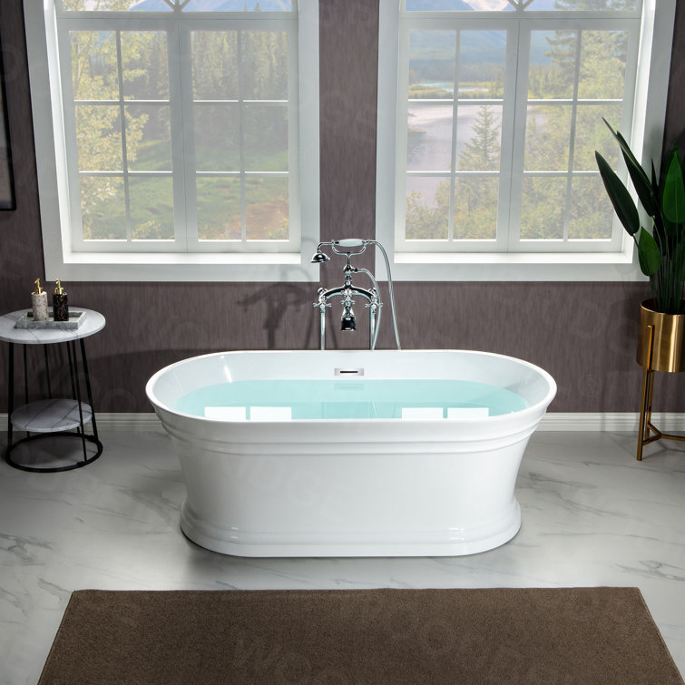 54" White Acrylic Freestanding Slipper Soaking Tub with Matte Black Trim