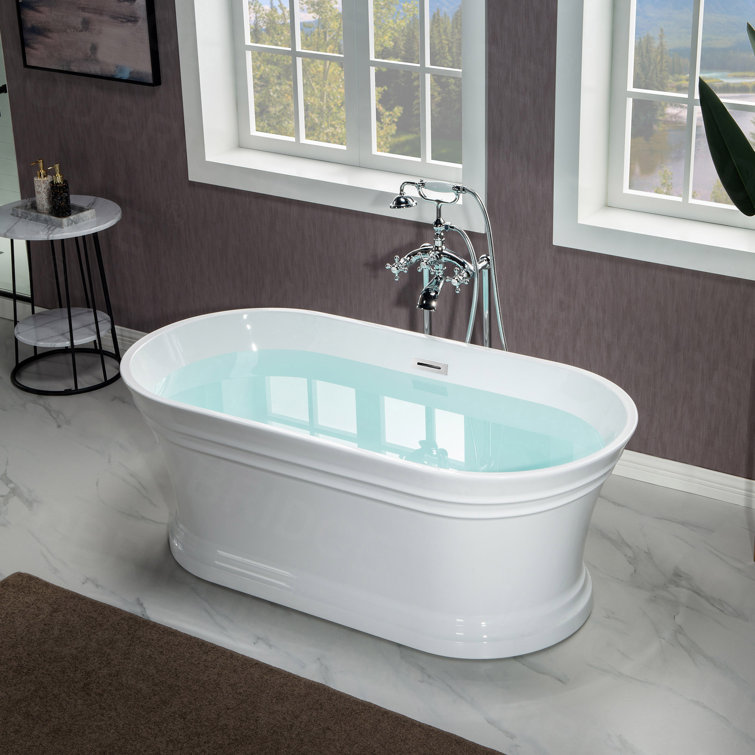 54" White Acrylic Freestanding Slipper Soaking Tub with Matte Black Trim