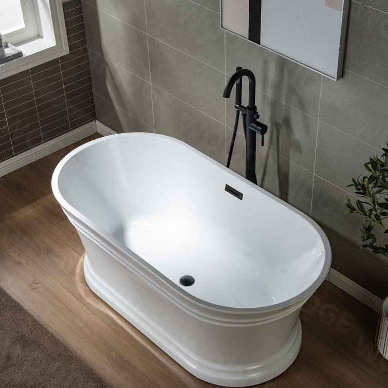 67" White Acrylic Freestanding Soaking Bathtub with Matte Black Trim