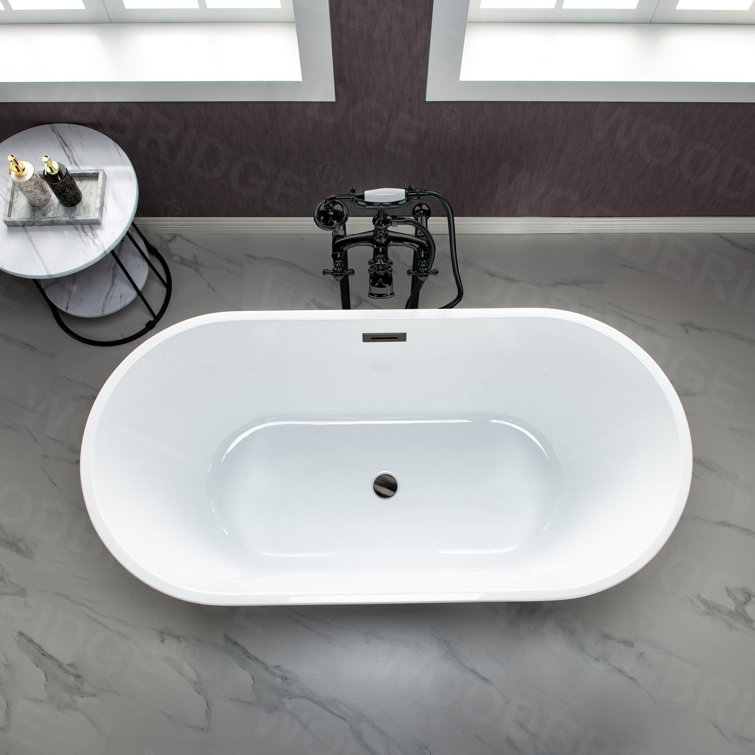 67" White Acrylic Freestanding Soaking Bathtub with Matte Black Trim