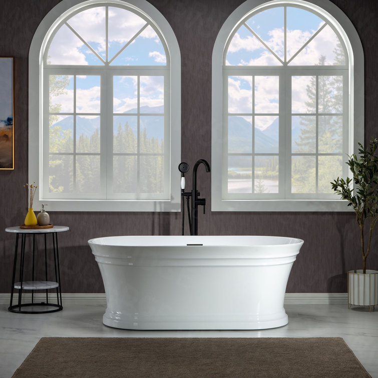 67" White Acrylic Freestanding Soaking Bathtub with Matte Black Trim