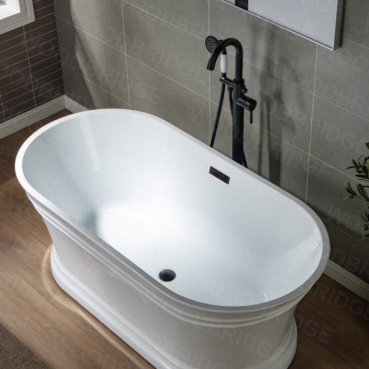 67" White Acrylic Freestanding Soaking Bathtub with Matte Black Trim