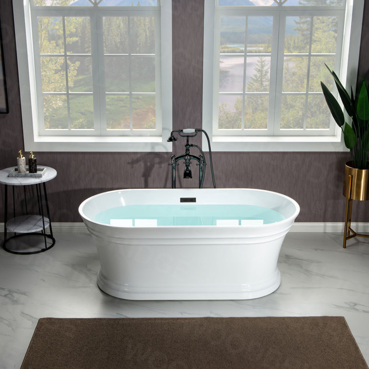 67" White Acrylic Freestanding Soaking Bathtub with Matte Black Trim