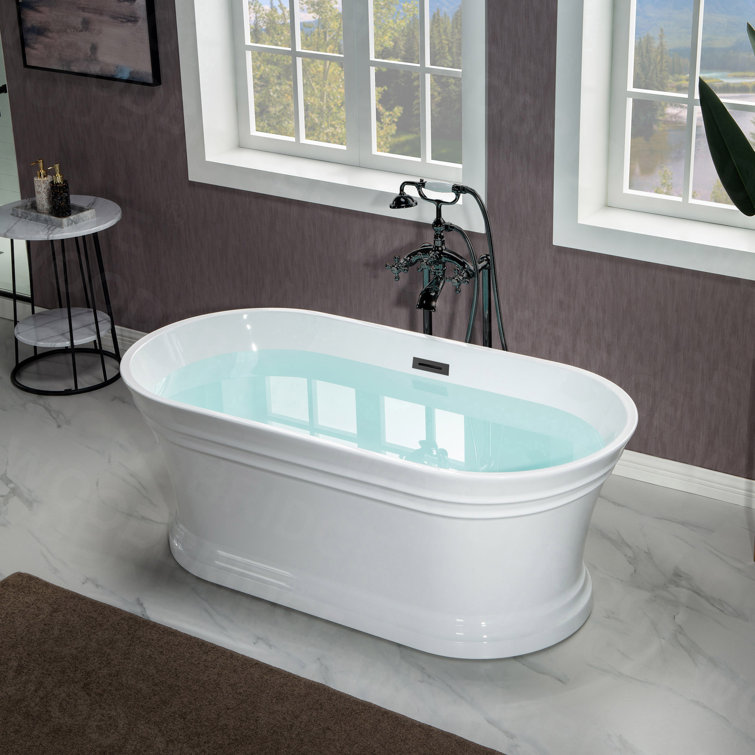 67" White Acrylic Freestanding Soaking Bathtub with Matte Black Trim