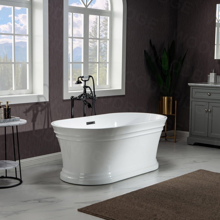 67" White Acrylic Freestanding Soaking Bathtub with Matte Black Trim