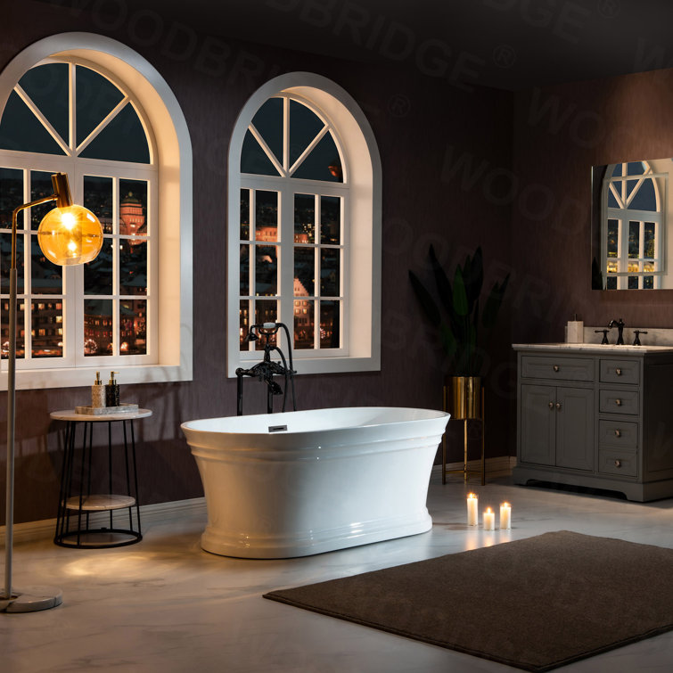 67" White Acrylic Freestanding Soaking Bathtub with Matte Black Trim
