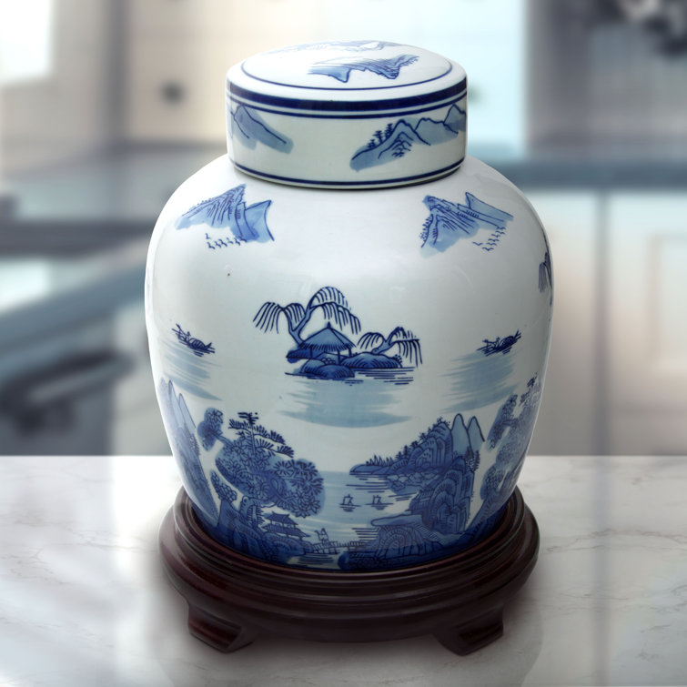 10" Blue and White Porcelain Ginger Jar with Lid
