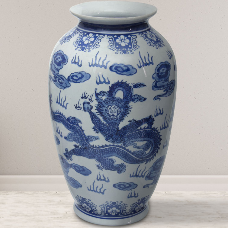 14" Blue and White Porcelain Dragon Vase
