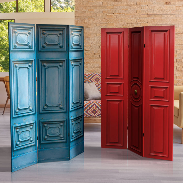 Mediterranean Blue and Red 3-Panel Folding Room Divider