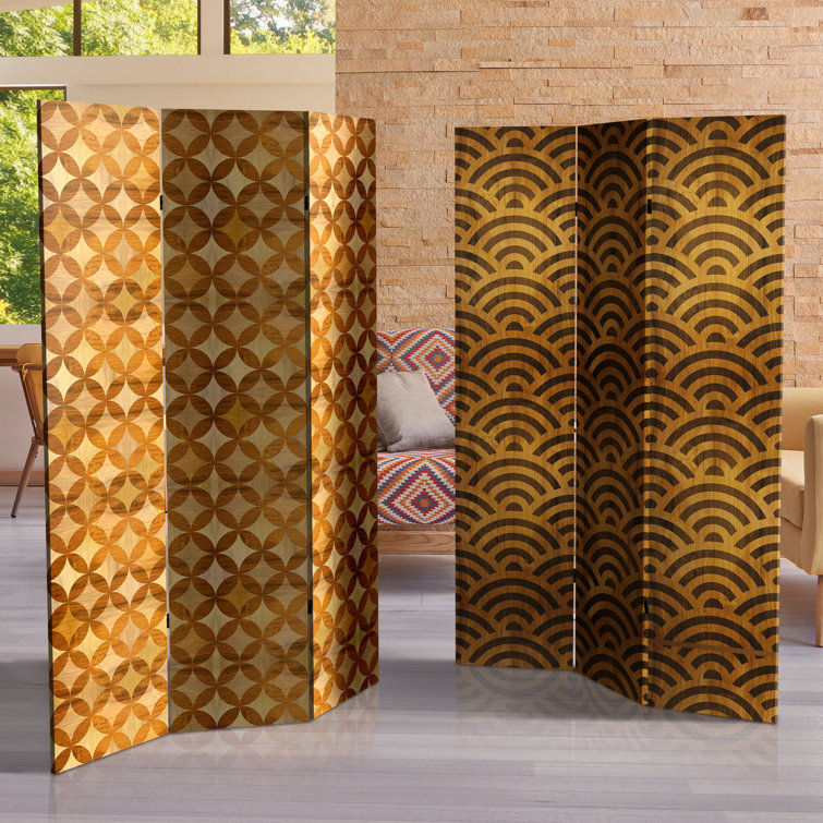 Japanese Kumiko Wave 6-Ft Wood Canvas Folding Room Divider