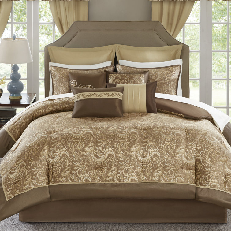 California King Brown Microfiber Paisley Comforter Set with Curtains