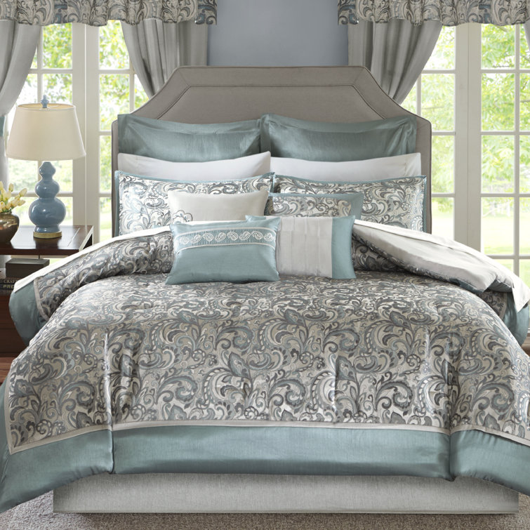Teal and Gray Floral Motif California King Bedding Set