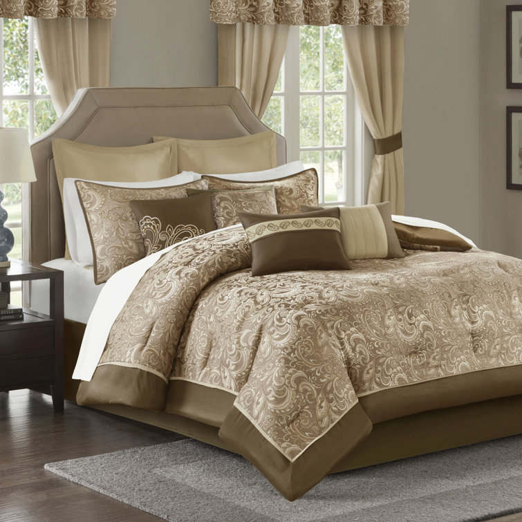 California King Brown Microfiber Paisley Comforter Set with Curtains