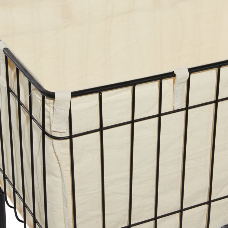 Black Metal Wire Basket Storage Cart with Wheels and Fabric Lining