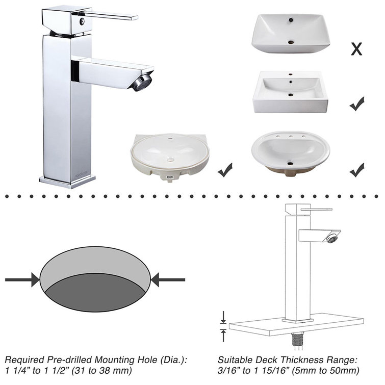 Chrome Single-Handle Square Bathroom Faucet with Brass Body