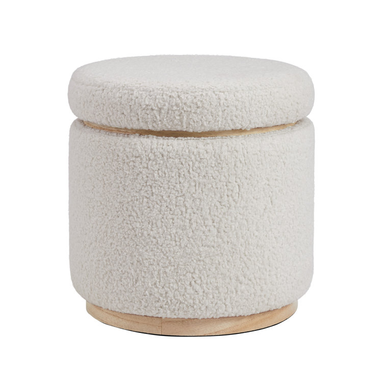 White Sherpa Round Storage Ottoman with Pinewood Trim