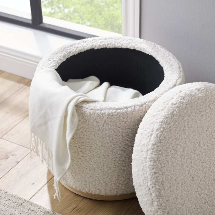 White Sherpa Round Storage Ottoman with Pinewood Trim
