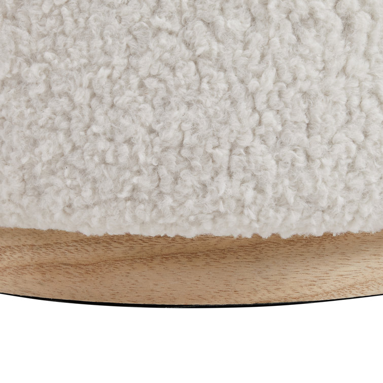 White Sherpa Round Storage Ottoman with Pinewood Trim