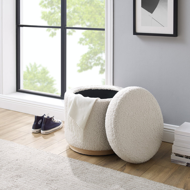 White Sherpa Round Storage Ottoman with Pinewood Trim