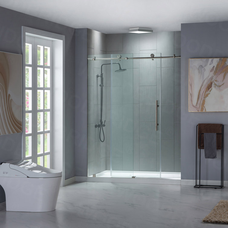 76” H Frameless Sliding Shower Door (56-60 Inch Adjustable Width) with Reversible Installation, Safety Glass, Anti-Splash Design