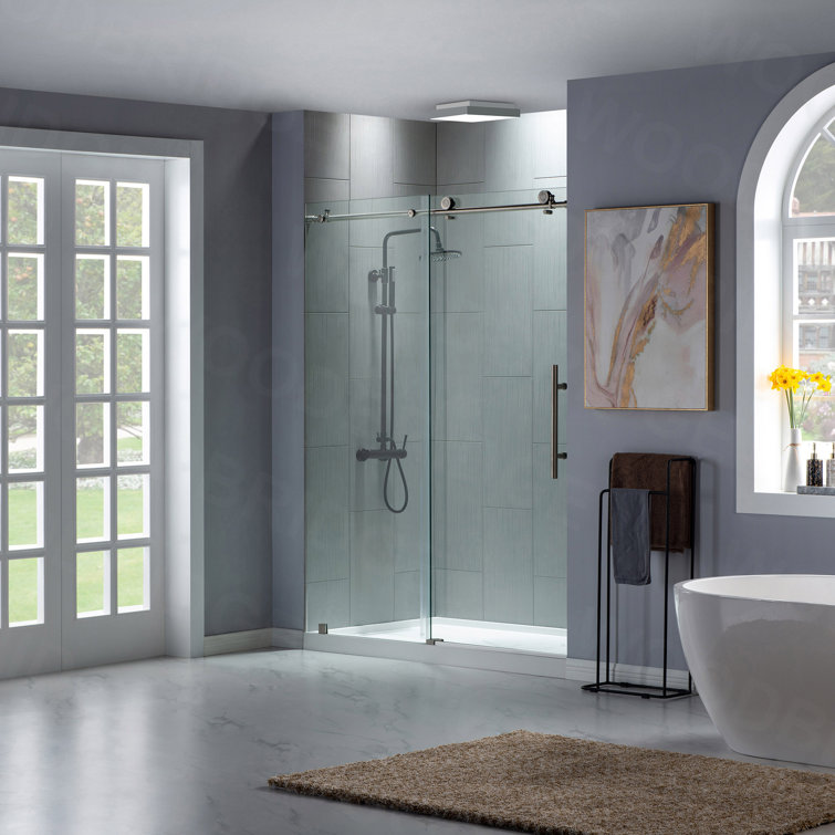 76” H Frameless Sliding Shower Door (56-60 Inch Adjustable Width) with Reversible Installation, Safety Glass, Anti-Splash Design