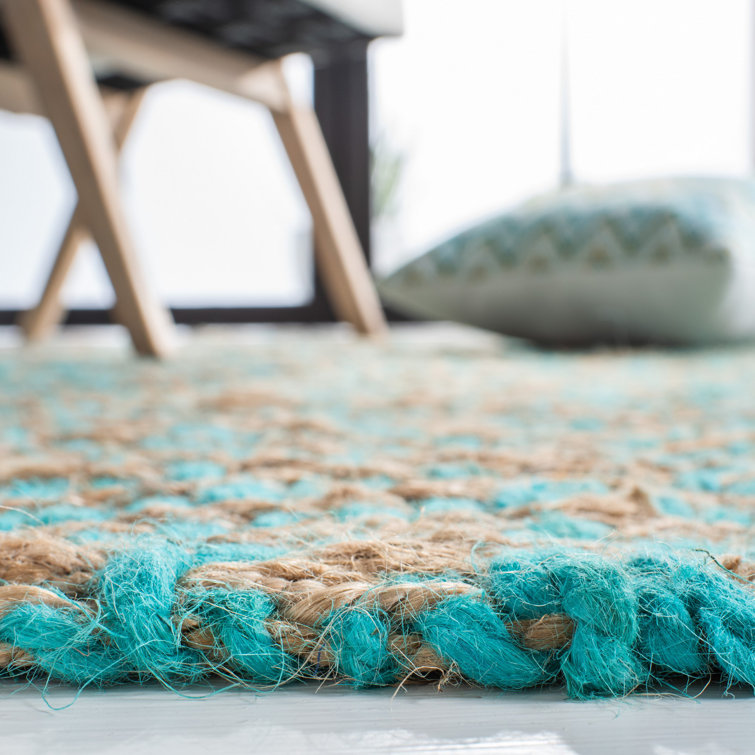 Handmade Turquoise and Natural Geometric Jute Area Rug