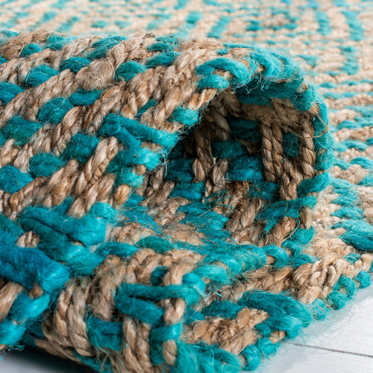 Handmade Turquoise and Natural Geometric Jute Area Rug