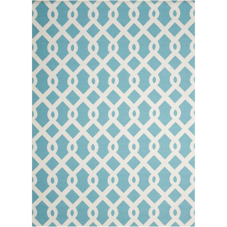 Aqua and White Geometric Outdoor Area Rug, 2'3" x 3'9"