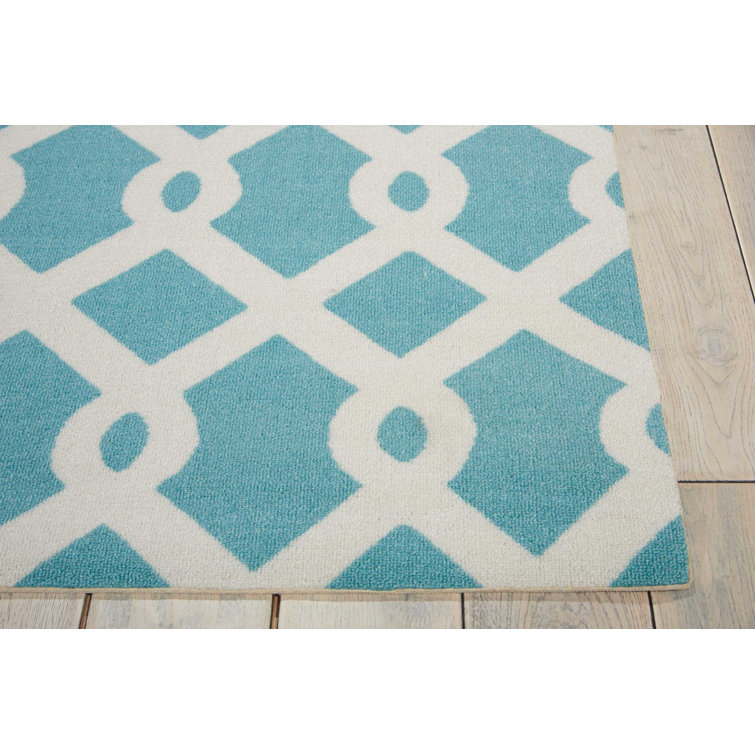 Aqua Geometric Synthetic Outdoor Runner Rug