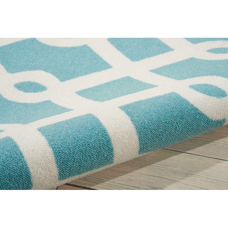 Aqua Geometric Synthetic Outdoor Runner Rug