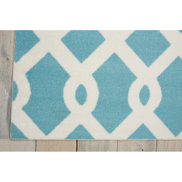 Aqua Geometric Synthetic Outdoor Runner Rug