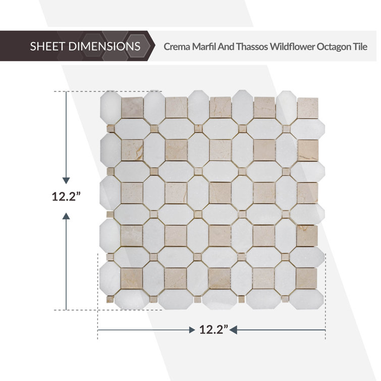 12.2" Beige and White Marble Octagon Mosaic Tile
