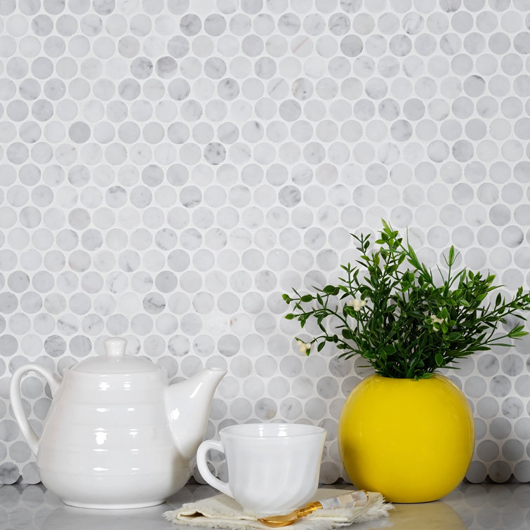 White and Gray Polished Marble Penny Round Mosaic Tile