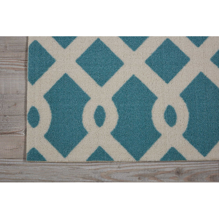 Aqua Geometric Synthetic Outdoor Runner Rug
